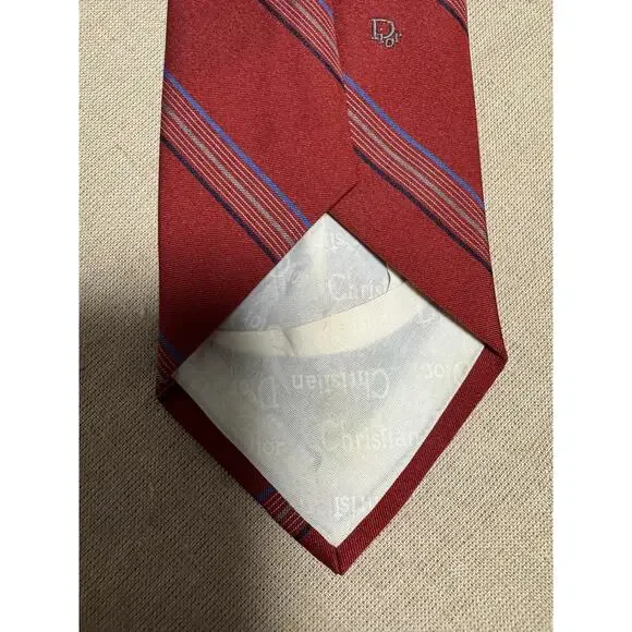 Vintage Christian Dior Tie Mens One Size Red Stripe Monsieur Logo Made USA 90s - Picture 5 of 9